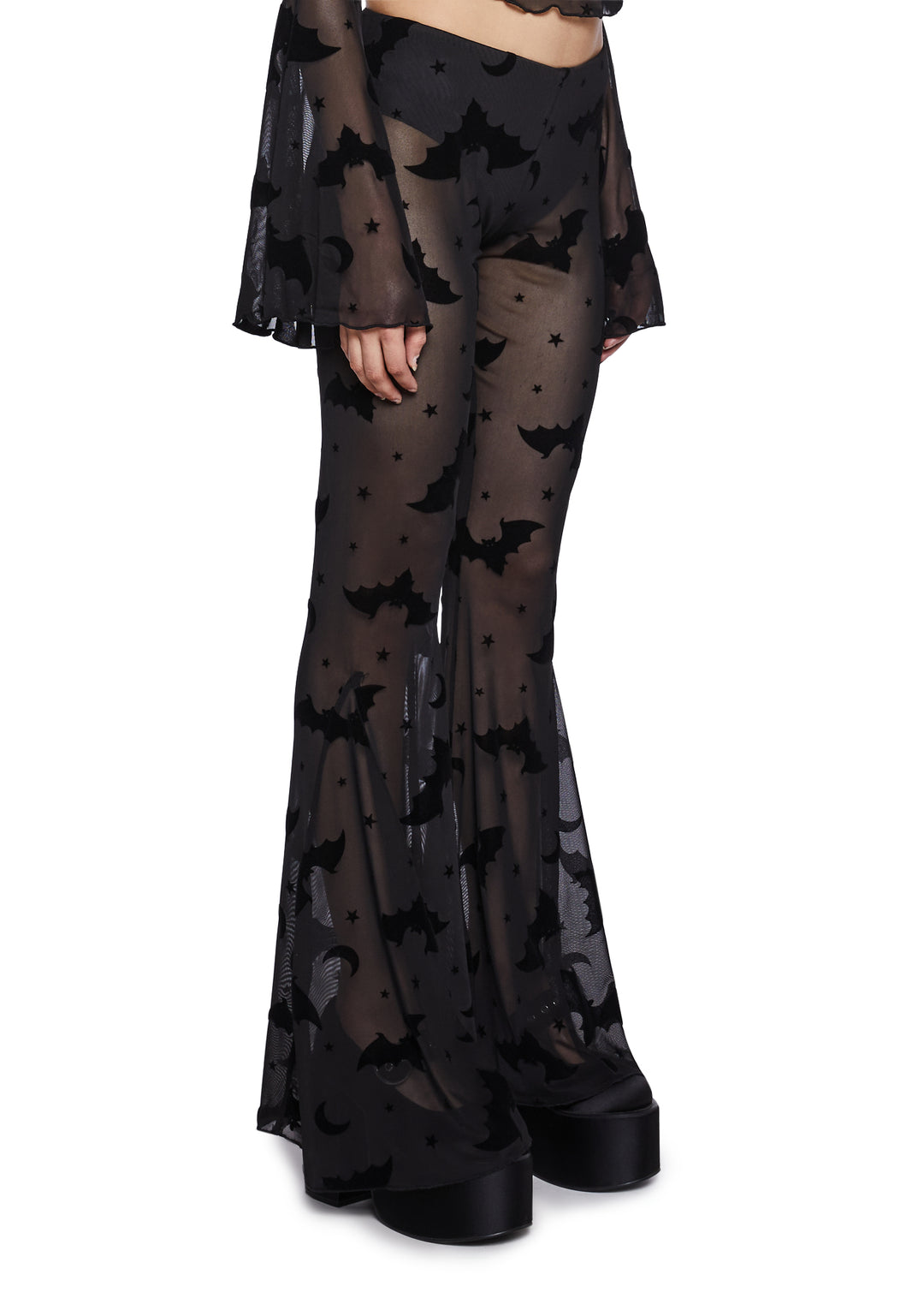 The Grave Girls Flocked Bat Sheer Mesh Flared Pants - Black - Image 3