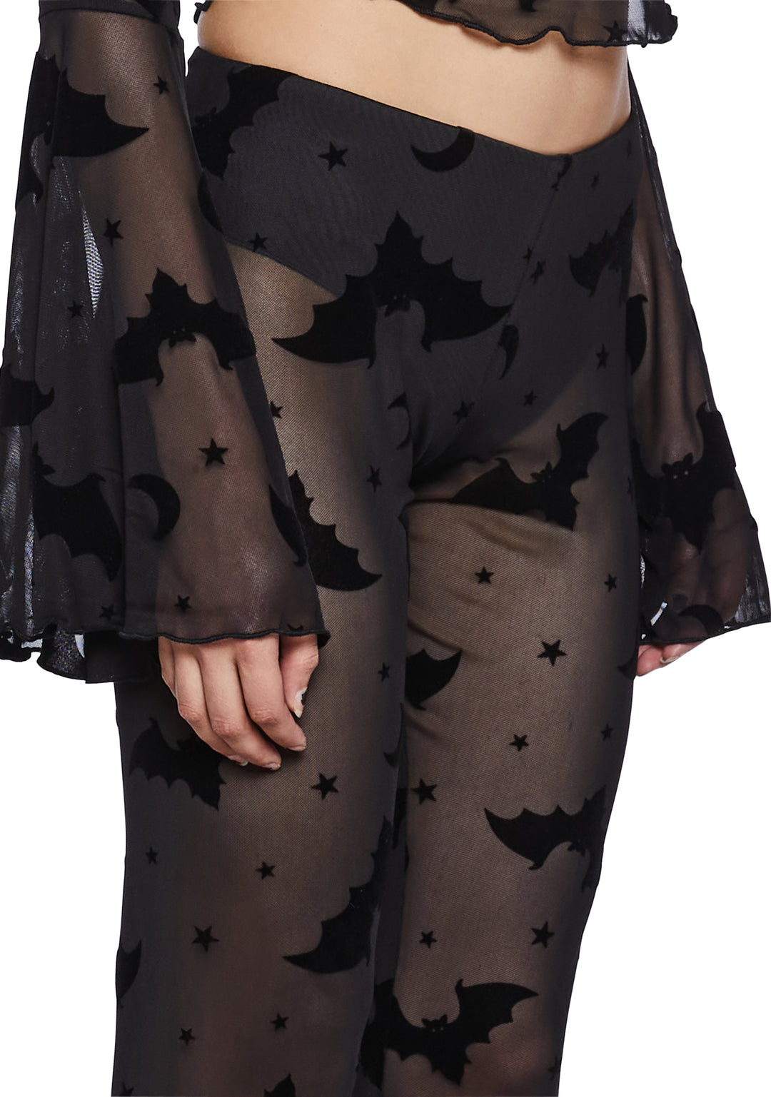 The Grave Girls Flocked Bat Sheer Mesh Flared Pants - Black - Image 5