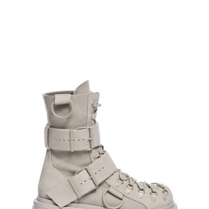 Club Exx Buckle D Ring Lace Up Combat Boots - Light Gray