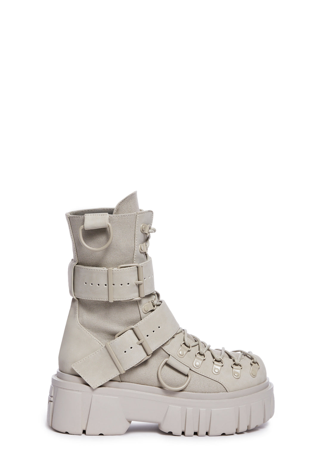 Club Exx Buckle D Ring Lace Up Combat Boots - Light Gray