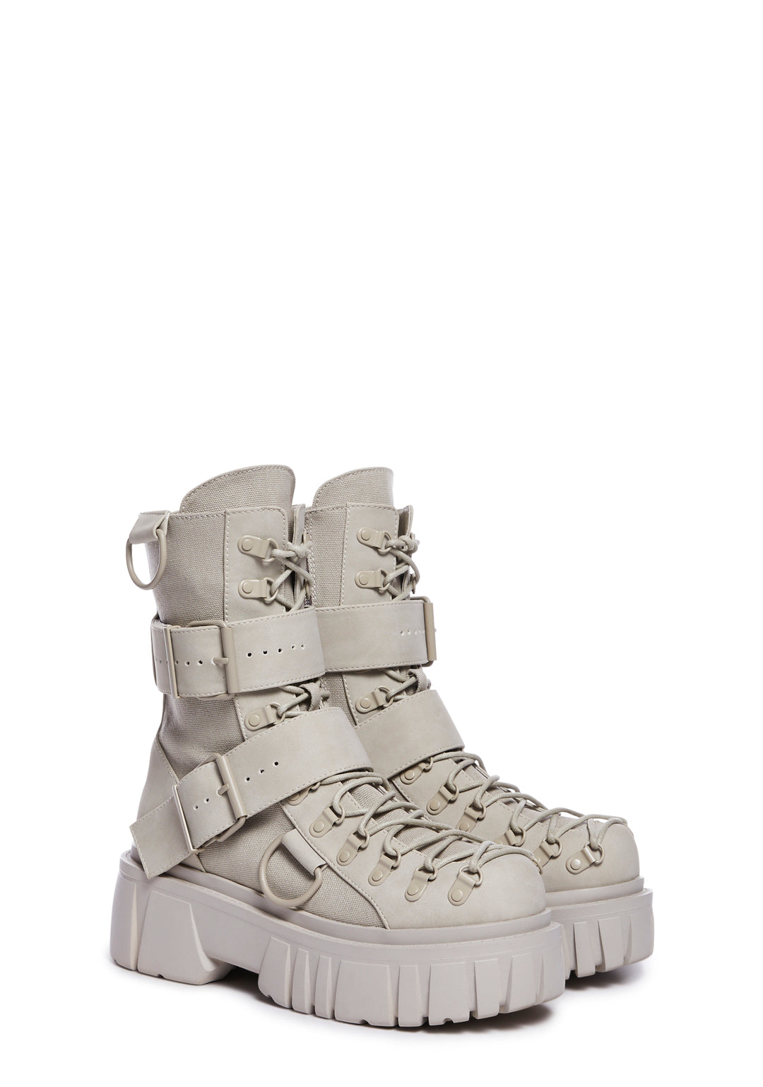 Club Exx Buckle D Ring Lace Up Combat Boots - Light Gray - Image 3