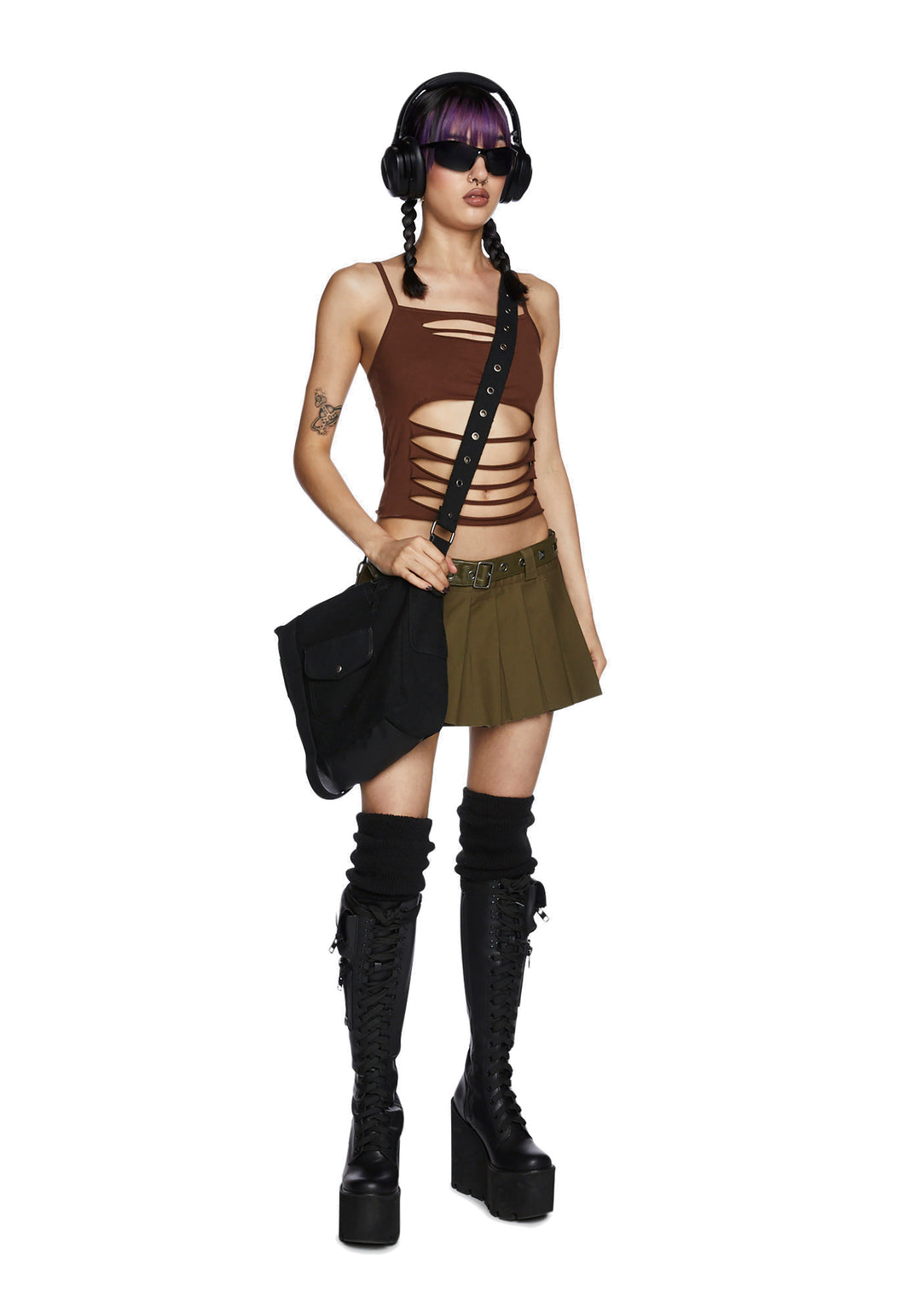 Current Mood Slashed Cutout Crop Tank Top - Brown - Image 3