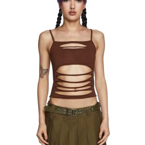 Current Mood Slashed Cutout Crop Tank Top - Brown