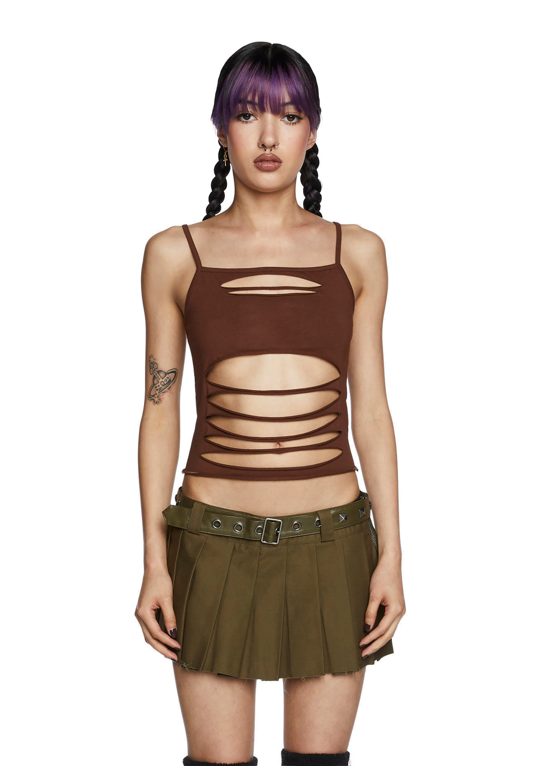 Current Mood Slashed Cutout Crop Tank Top - Brown