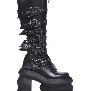 Widow Chunky Punk Platform Buckled Knee High Boots - Black