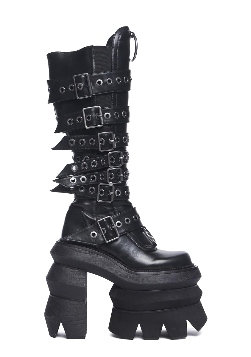 Widow Chunky Punk Platform Buckled Knee High Boots - Black